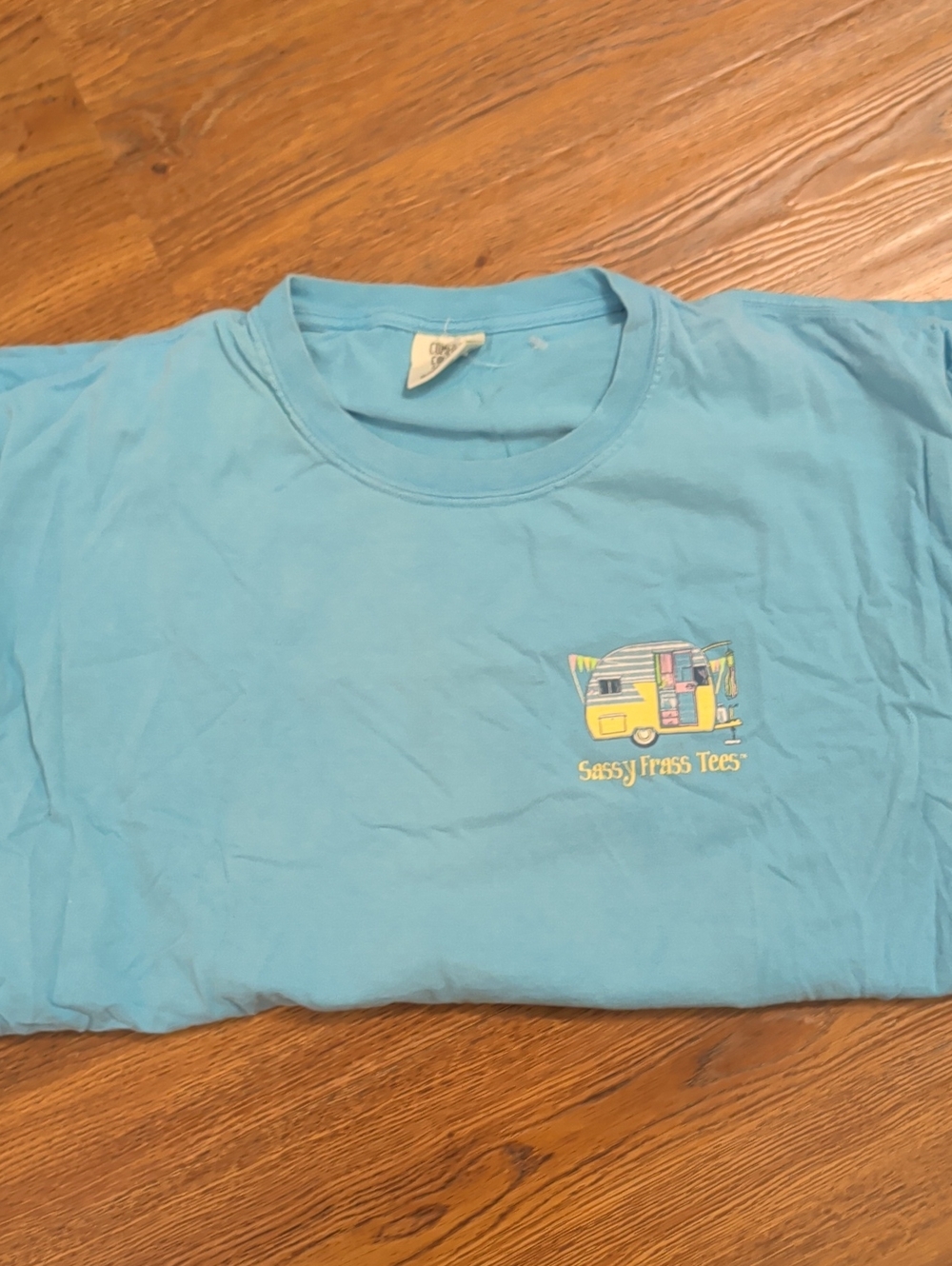Comfort Colors Turquoise Graphic Tee with Small Camper Motif